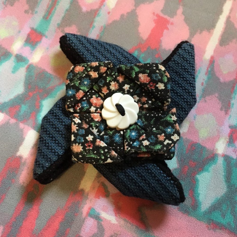 Handmade Origami Fabric Pinwheel Brooch OOAK Blue Upcycled Art Pin